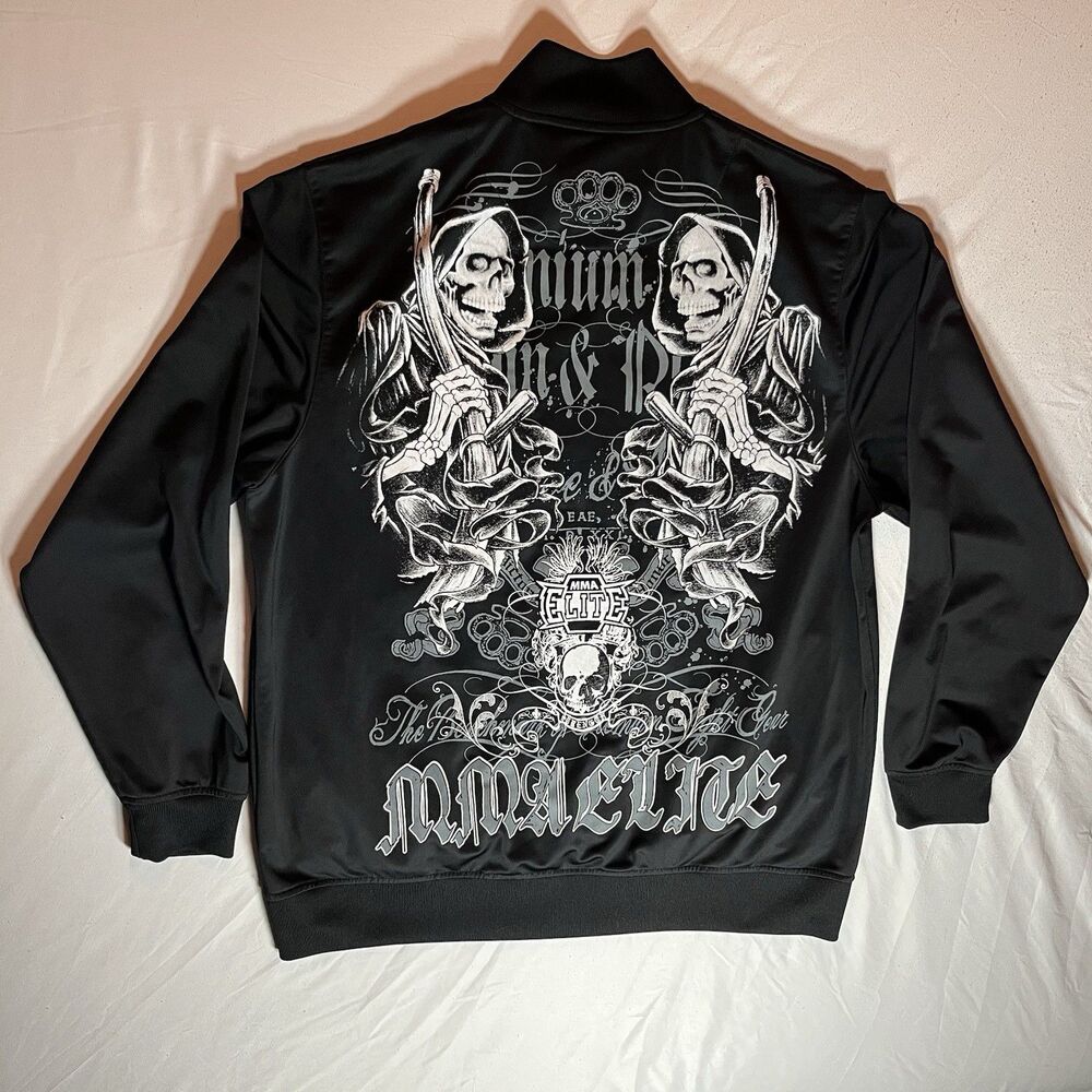 MMA Elite Track Jacket Men L Large Black Full Zip Skull Grim Reaper Graphic Y2K